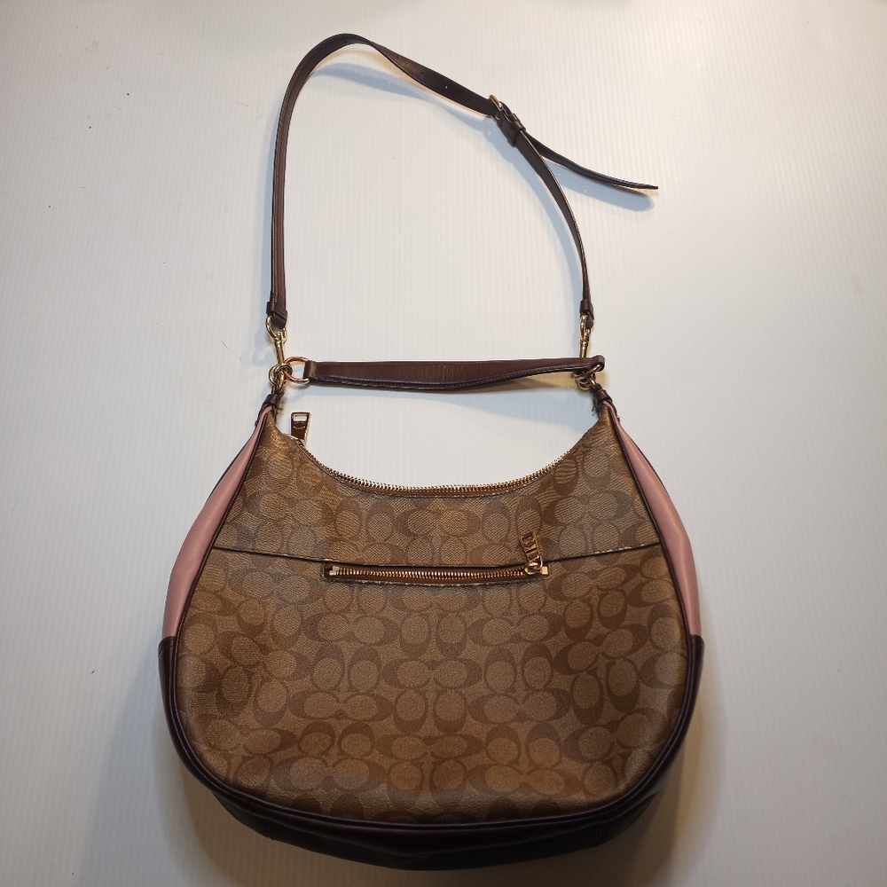 Coach Brown Signature Hobo Shoulder Bag with Pink Panels